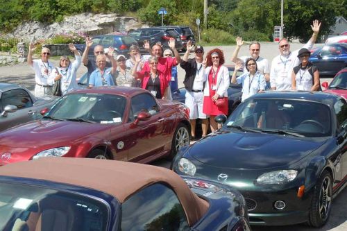  just some of the over 300 drivers who took part in the Ottawa based Underground Miata Network weekend tour of Eastern Ontario and Quebec, many of whom lunched at The Crossing Pub in Sharbot Lake